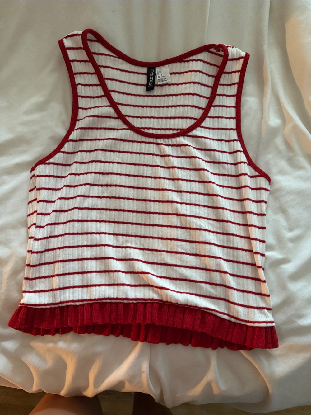 H&M White Tank with Red Stripes and Ruffle Hem